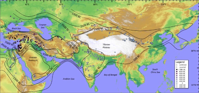 Diffusion of wheat (Triticum sp.) and barley (Hordeum vulgare) throughout Eurasia (Stevens & al. 2016)